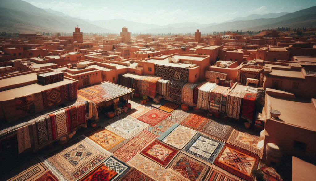 Aerial view of a market with variously patterned rugs displayed outdoors.